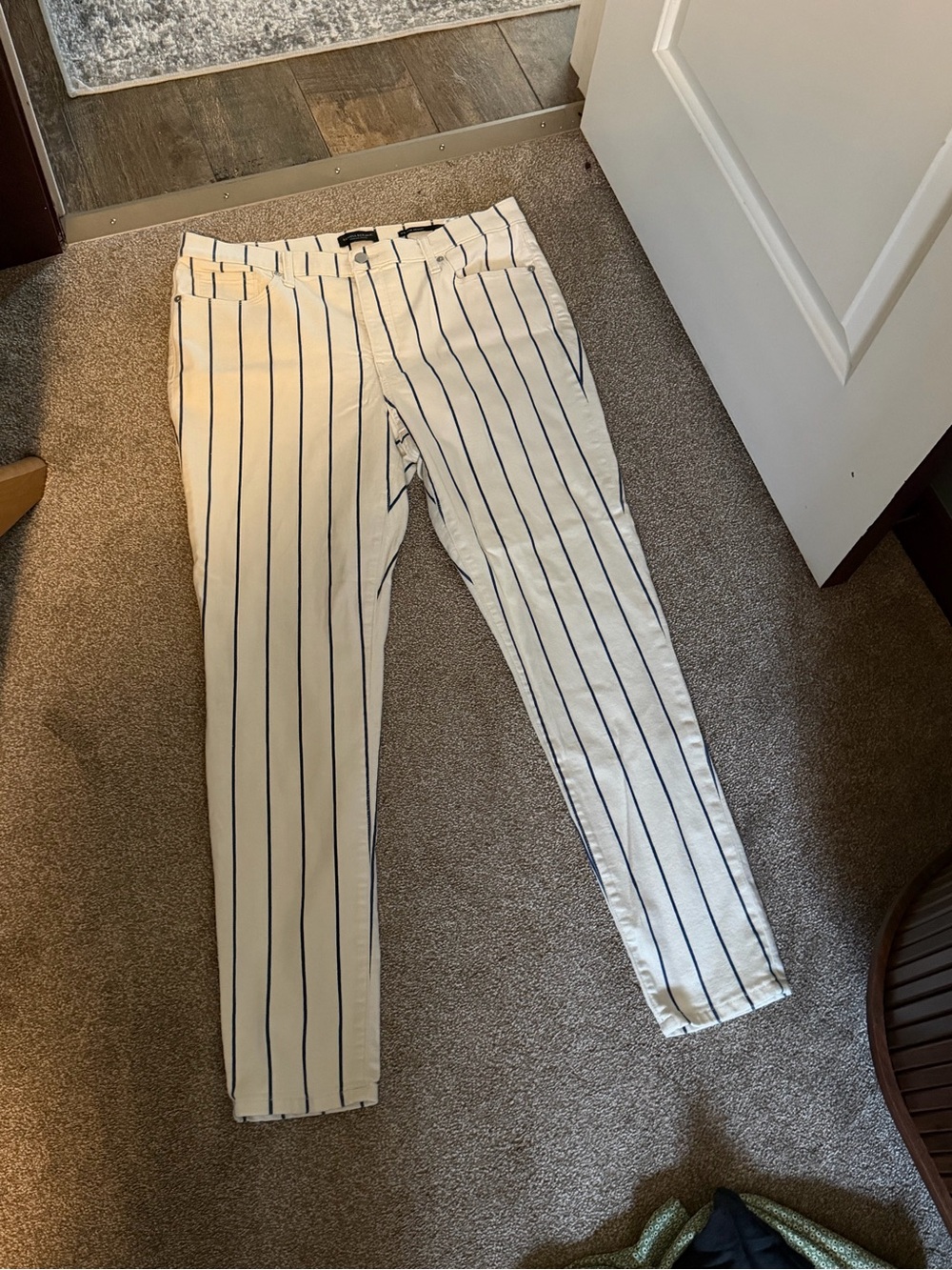 Banana Republic White Pants with Navy Vertical Stripes